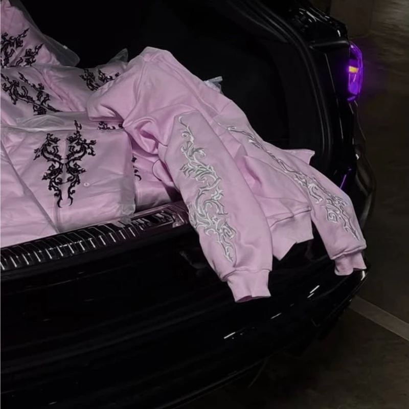 New Fashion High Street Pink Vine Pattern Embroidered Women Sports Hoodie Gothic Harajuku Casual Men and Women Hoodies