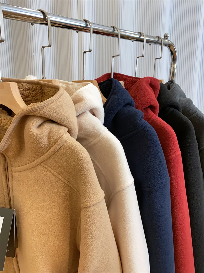 2026 Women Fleece Hoodies Spring Sweatshirts Zipper Pockets Long Sleeves Hooded Thick Loose Y2k Casual Office Lady Autumn Winter