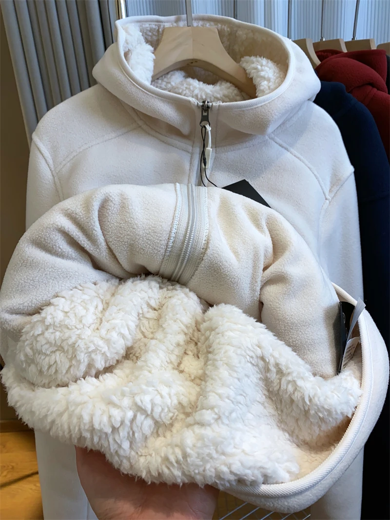 2026 Women Fleece Hoodies Spring Sweatshirts Zipper Pockets Long Sleeves Hooded Thick Loose Y2k Casual Office Lady Autumn Winter