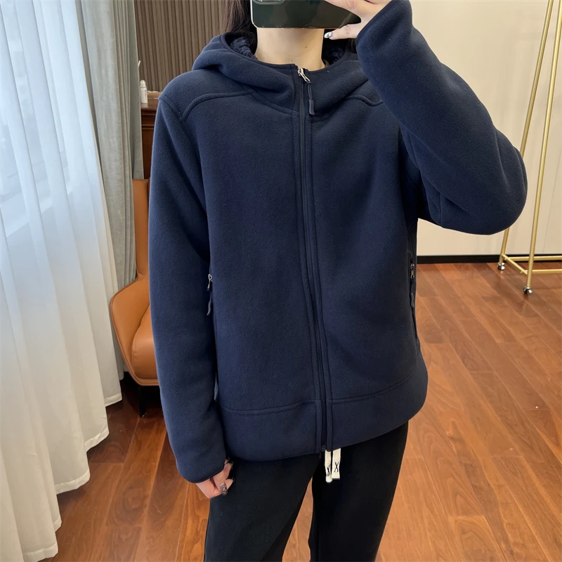 2026 Women Fleece Hoodies Spring Sweatshirts Zipper Pockets Long Sleeves Hooded Thick Loose Y2k Casual Office Lady Autumn Winter
