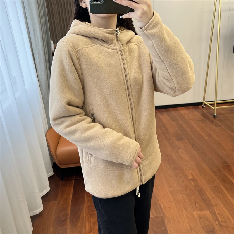 2026 Women Fleece Hoodies Spring Sweatshirts Zipper Pockets Long Sleeves Hooded Thick Loose Y2k Casual Office Lady Autumn Winter