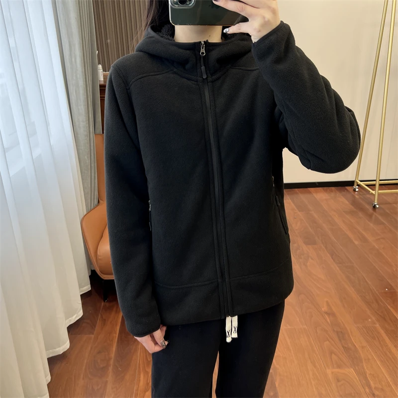 2026 Women Fleece Hoodies Spring Sweatshirts Zipper Pockets Long Sleeves Hooded Thick Loose Y2k Casual Office Lady Autumn Winter