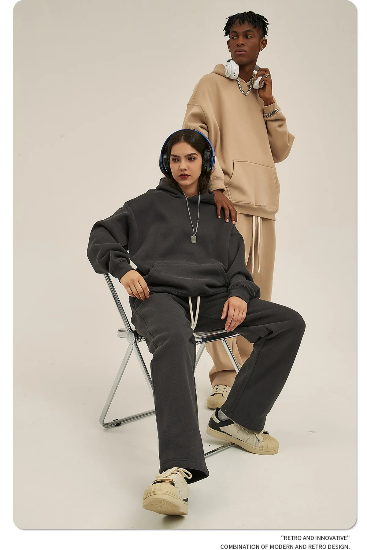 Custom LOGO men's new plush hooded straight leg wide leg zippered sports jogging pants set 350G high-quality sports jogging