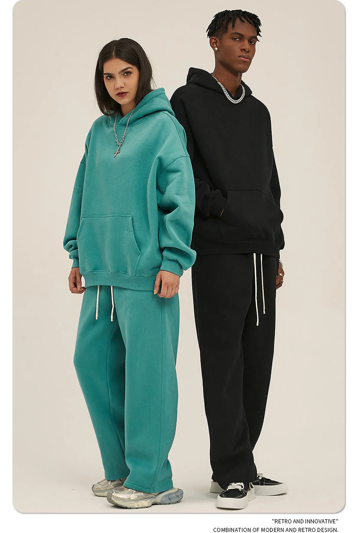 Custom LOGO men's new plush hooded straight leg wide leg zippered sports jogging pants set 350G high-quality sports jogging
