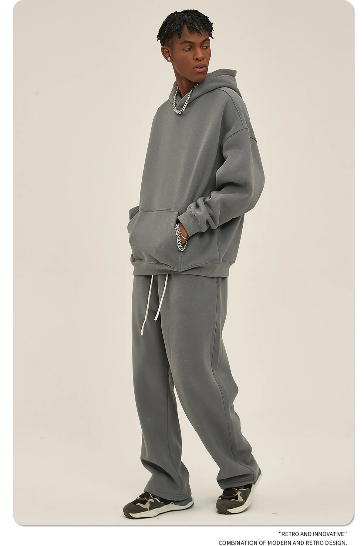 Custom LOGO men's new plush hooded straight leg wide leg zippered sports jogging pants set 350G high-quality sports jogging
