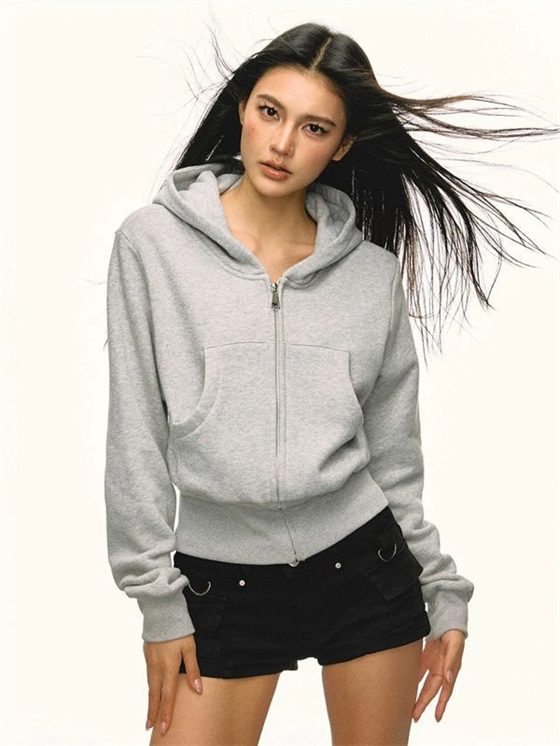Zoki Vintage Y2K Gray Hoodies Women Streetwear Casual Long Sleeve Sweatshirts Spring Retro American Pockets Female Tops Outwear