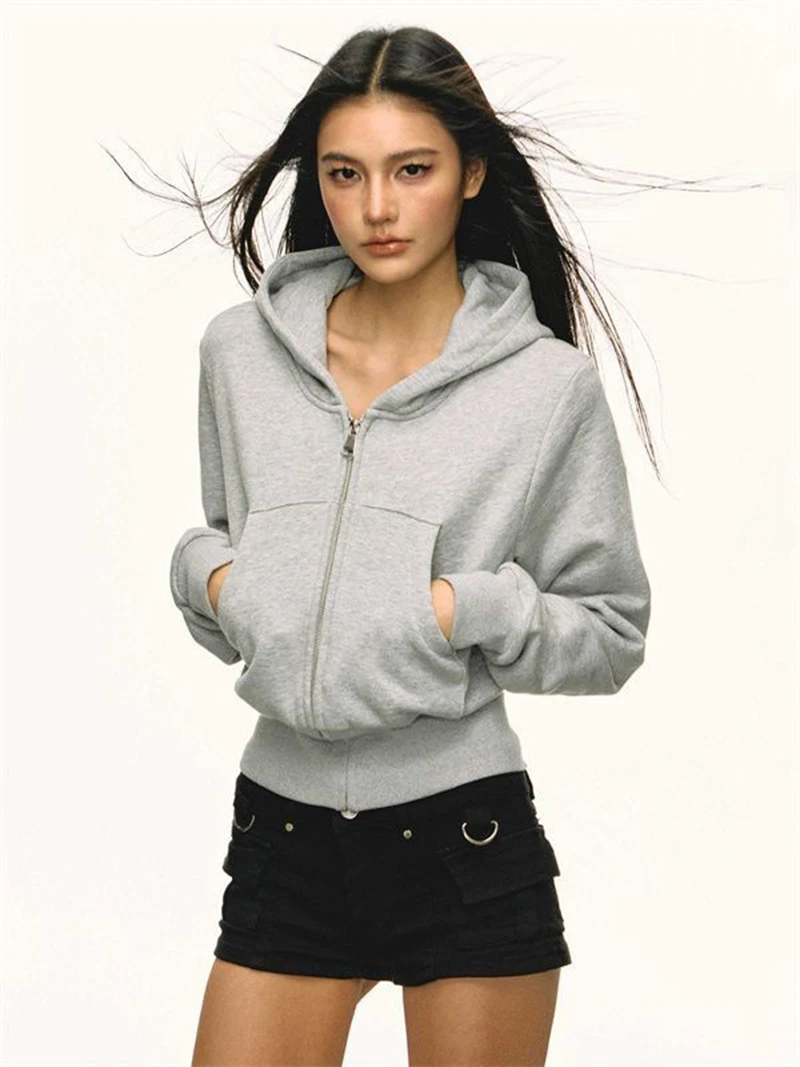 Zoki Vintage Y2K Gray Hoodies Women Streetwear Casual Long Sleeve Sweatshirts Spring Retro American Pockets Female Tops Outwear