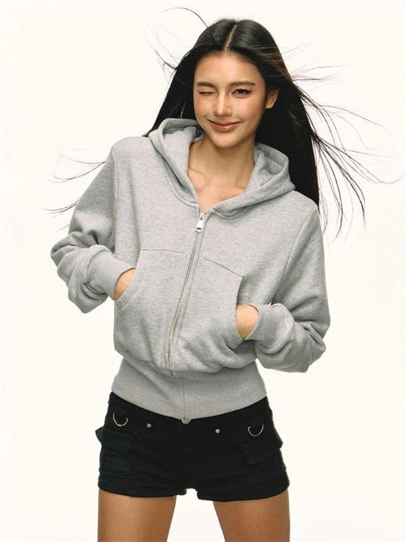 Zoki Vintage Y2K Gray Hoodies Women Streetwear Casual Long Sleeve Sweatshirts Spring Retro American Pockets Female Tops Outwear