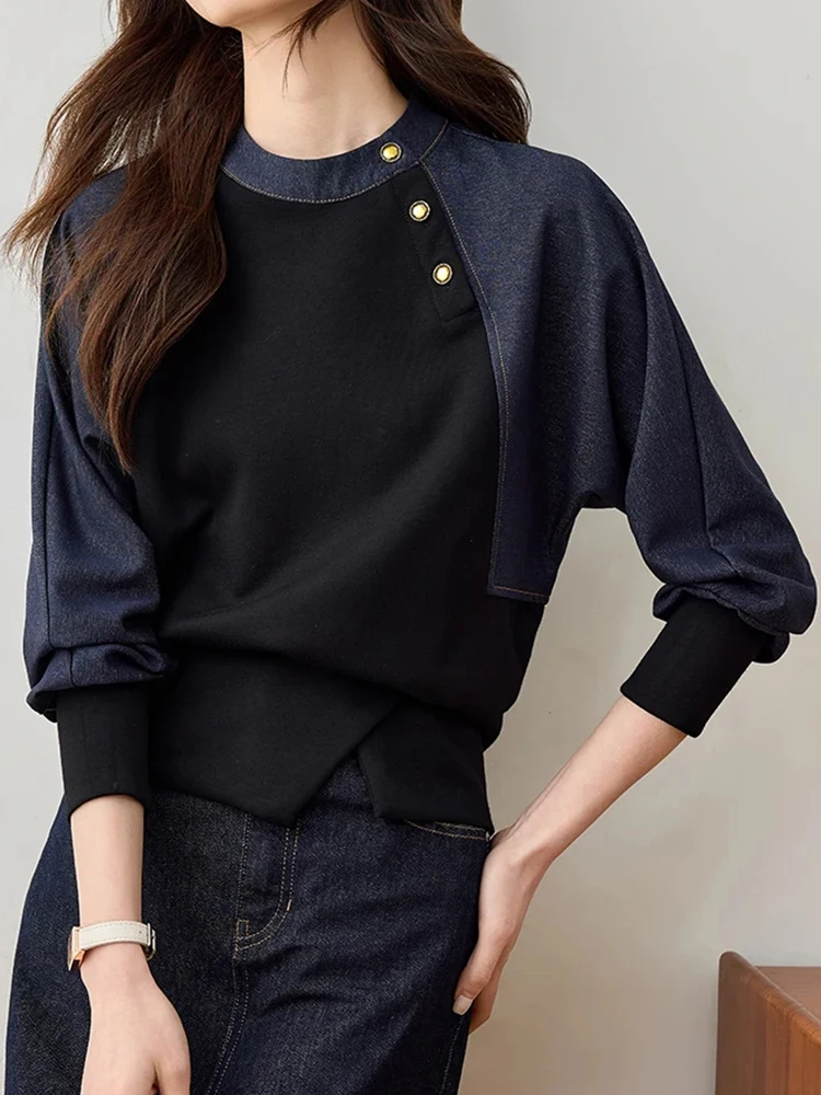 Aoaiiys Hoodies Women O Neck Button Decor Sweatshirt Contrast Color Spliced Pullovers Spring Autumn Vintage Casual Sweatshirts