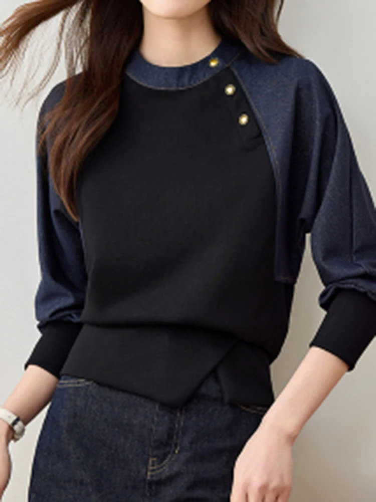Aoaiiys Hoodies Women O Neck Button Decor Sweatshirt Contrast Color Spliced Pullovers Spring Autumn Vintage Casual Sweatshirts