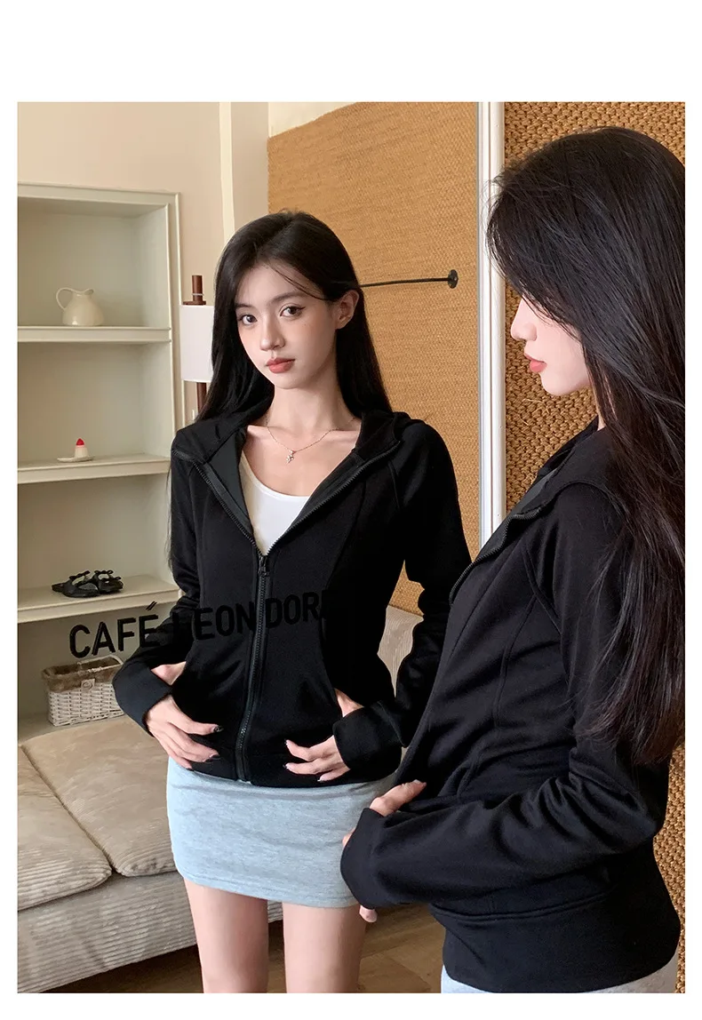 Casual Solid Zipped Hooded Sweatshirts Women Korean Style Slim Fit Sports Hoodie with Pocket Woman Spring Long Sleeve Outerwear