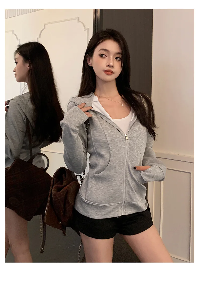 Casual Solid Zipped Hooded Sweatshirts Women Korean Style Slim Fit Sports Hoodie with Pocket Woman Spring Long Sleeve Outerwear