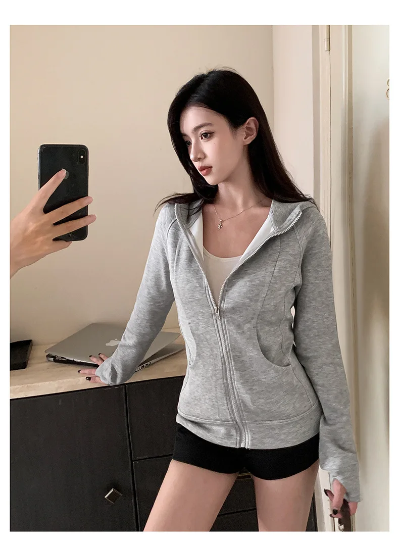 Casual Solid Zipped Hooded Sweatshirts Women Korean Style Slim Fit Sports Hoodie with Pocket Woman Spring Long Sleeve Outerwear