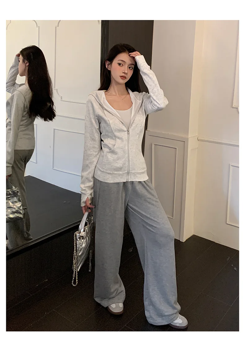 Casual Solid Zipped Hooded Sweatshirts Women Korean Style Slim Fit Sports Hoodie with Pocket Woman Spring Long Sleeve Outerwear