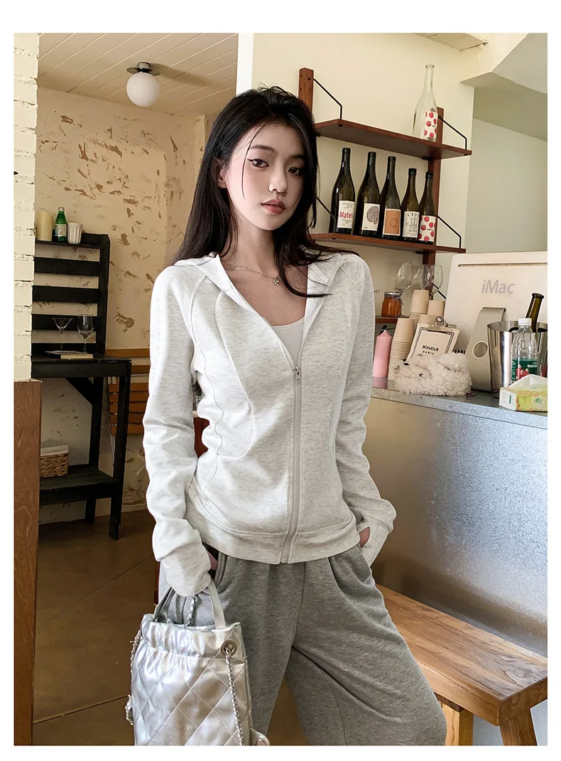 Casual Solid Zipped Hooded Sweatshirts Women Korean Style Slim Fit Sports Hoodie with Pocket Woman Spring Long Sleeve Outerwear