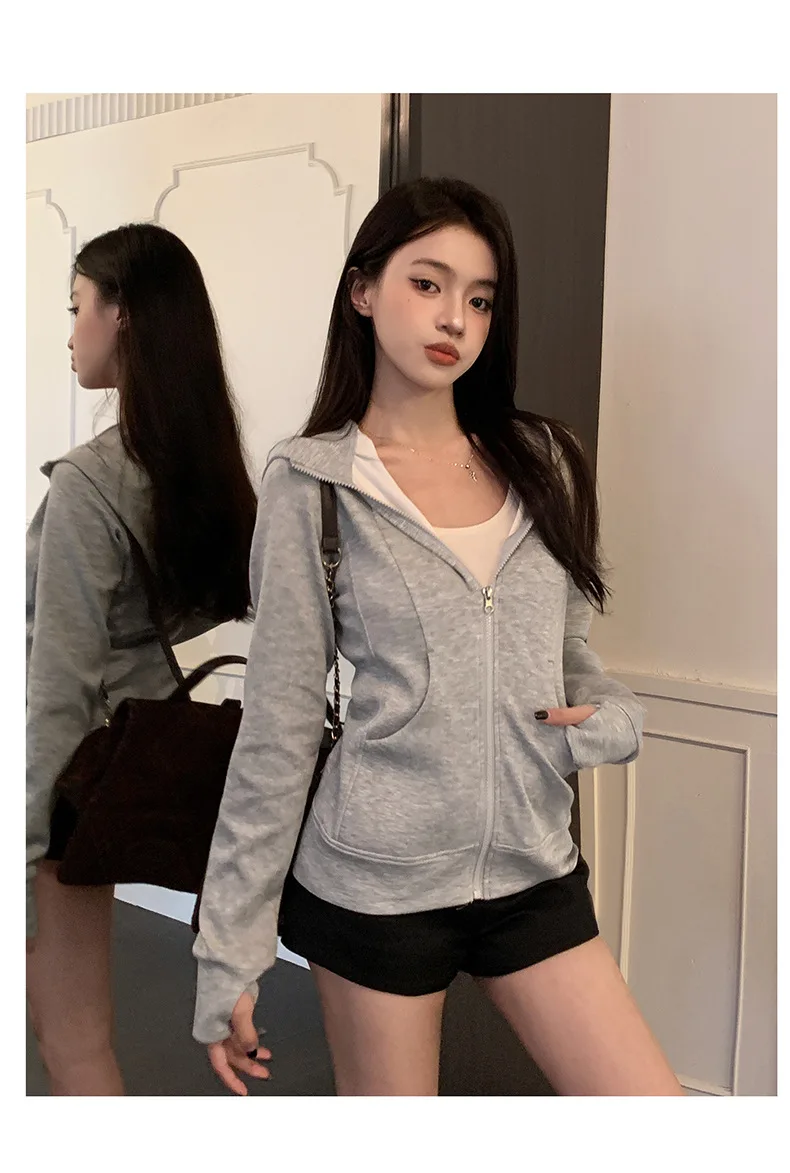 Casual Solid Zipped Hooded Sweatshirts Women Korean Style Slim Fit Sports Hoodie with Pocket Woman Spring Long Sleeve Outerwear