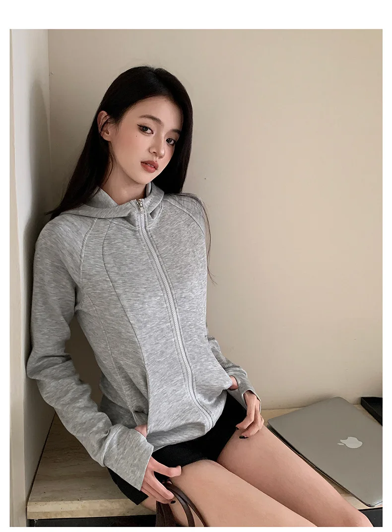 Casual Solid Zipped Hooded Sweatshirts Women Korean Style Slim Fit Sports Hoodie with Pocket Woman Spring Long Sleeve Outerwear
