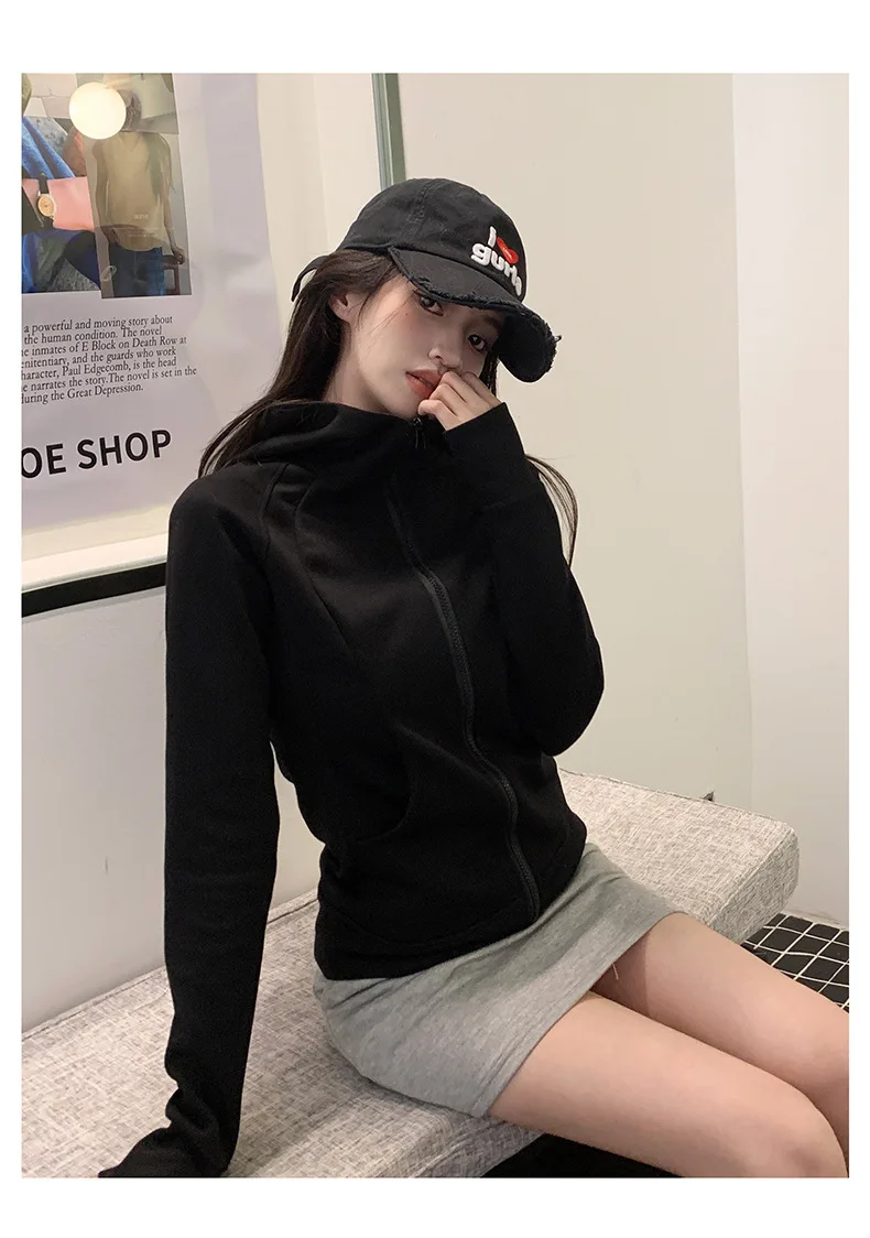 Casual Solid Zipped Hooded Sweatshirts Women Korean Style Slim Fit Sports Hoodie with Pocket Woman Spring Long Sleeve Outerwear