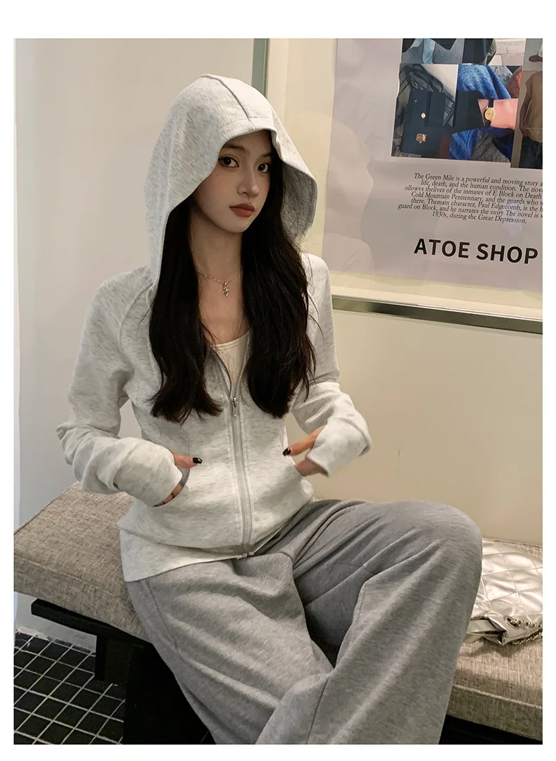 Casual Solid Zipped Hooded Sweatshirts Women Korean Style Slim Fit Sports Hoodie with Pocket Woman Spring Long Sleeve Outerwear