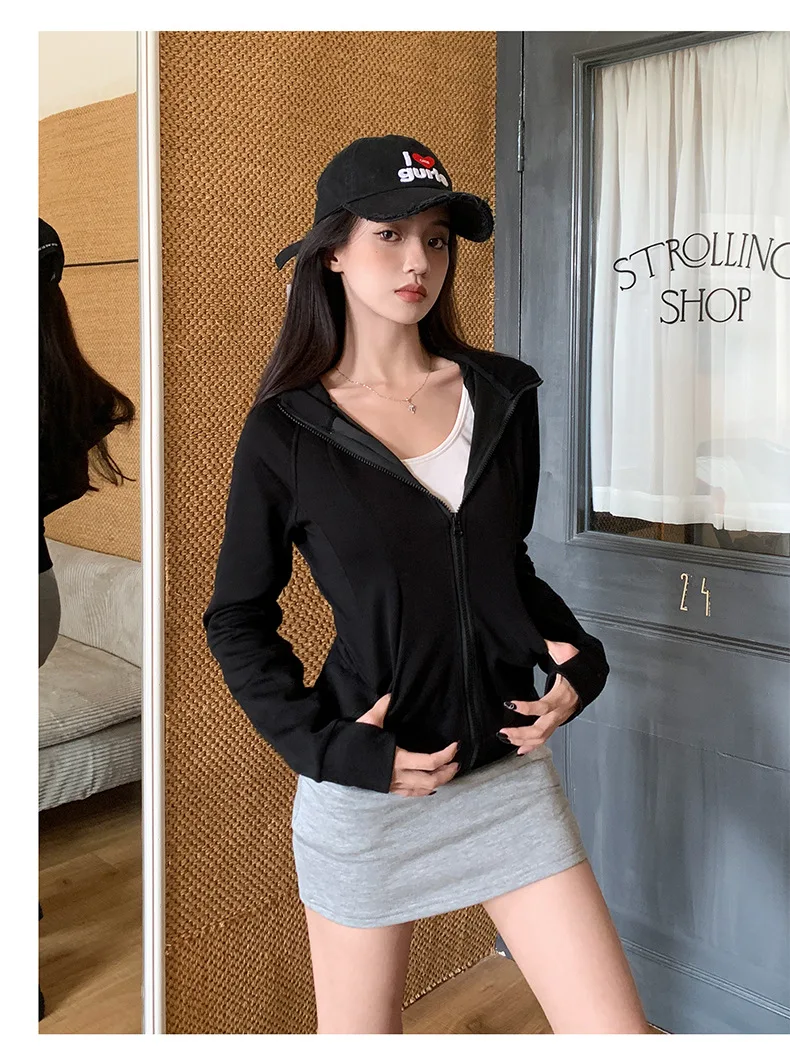Casual Solid Zipped Hooded Sweatshirts Women Korean Style Slim Fit Sports Hoodie with Pocket Woman Spring Long Sleeve Outerwear