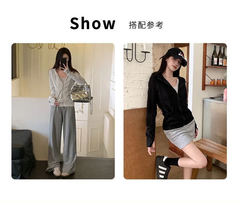 Casual Solid Zipped Hooded Sweatshirts Women Korean Style Slim Fit Sports Hoodie with Pocket Woman Spring Long Sleeve Outerwear