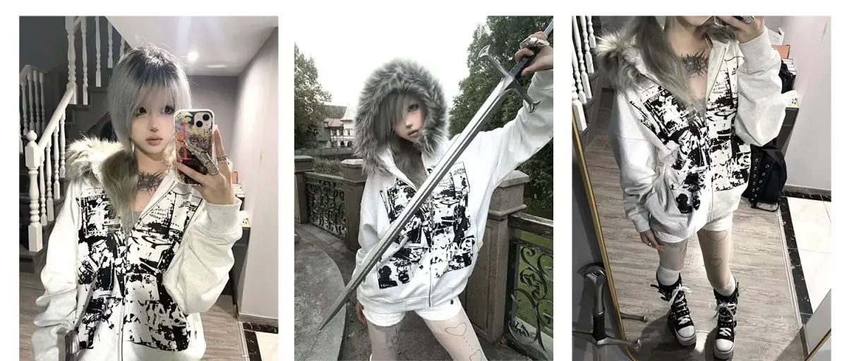 Streetwear Vintage Harajuku Gothic Print Hooded Sweatshirt Coat Aesthetic Slim Jacket Y2k Fur Patchwork Grunge Hoodies Women