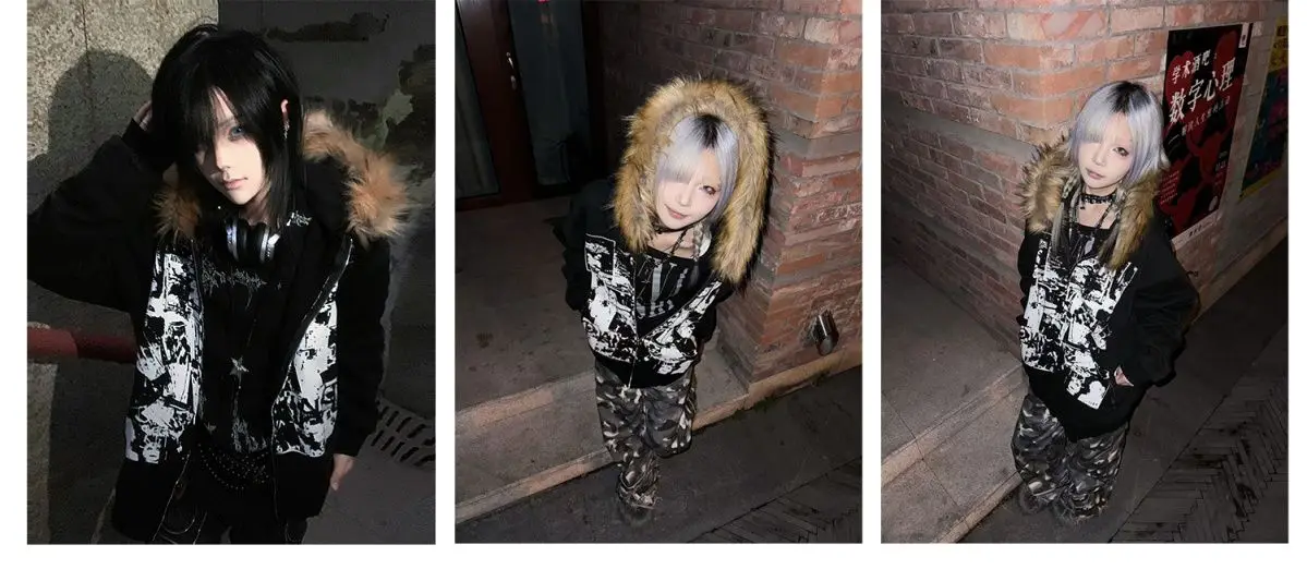 Streetwear Vintage Harajuku Gothic Print Hooded Sweatshirt Coat Aesthetic Slim Jacket Y2k Fur Patchwork Grunge Hoodies Women
