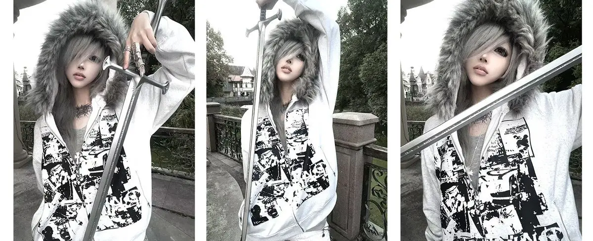 Streetwear Vintage Harajuku Gothic Print Hooded Sweatshirt Coat Aesthetic Slim Jacket Y2k Fur Patchwork Grunge Hoodies Women