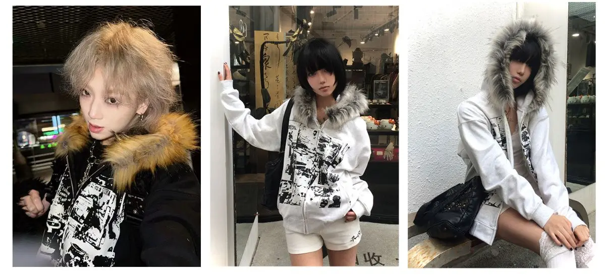 Streetwear Vintage Harajuku Gothic Print Hooded Sweatshirt Coat Aesthetic Slim Jacket Y2k Fur Patchwork Grunge Hoodies Women