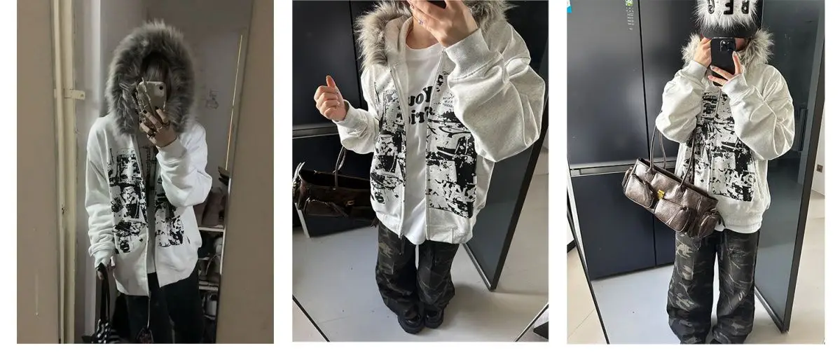 Streetwear Vintage Harajuku Gothic Print Hooded Sweatshirt Coat Aesthetic Slim Jacket Y2k Fur Patchwork Grunge Hoodies Women