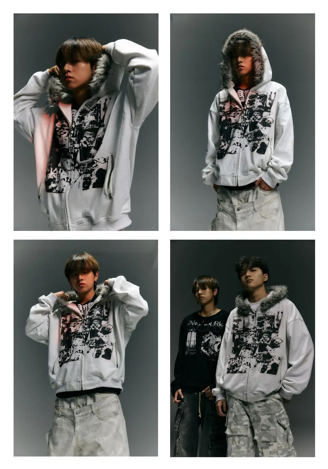 Streetwear Vintage Harajuku Gothic Print Hooded Sweatshirt Coat Aesthetic Slim Jacket Y2k Fur Patchwork Grunge Hoodies Women