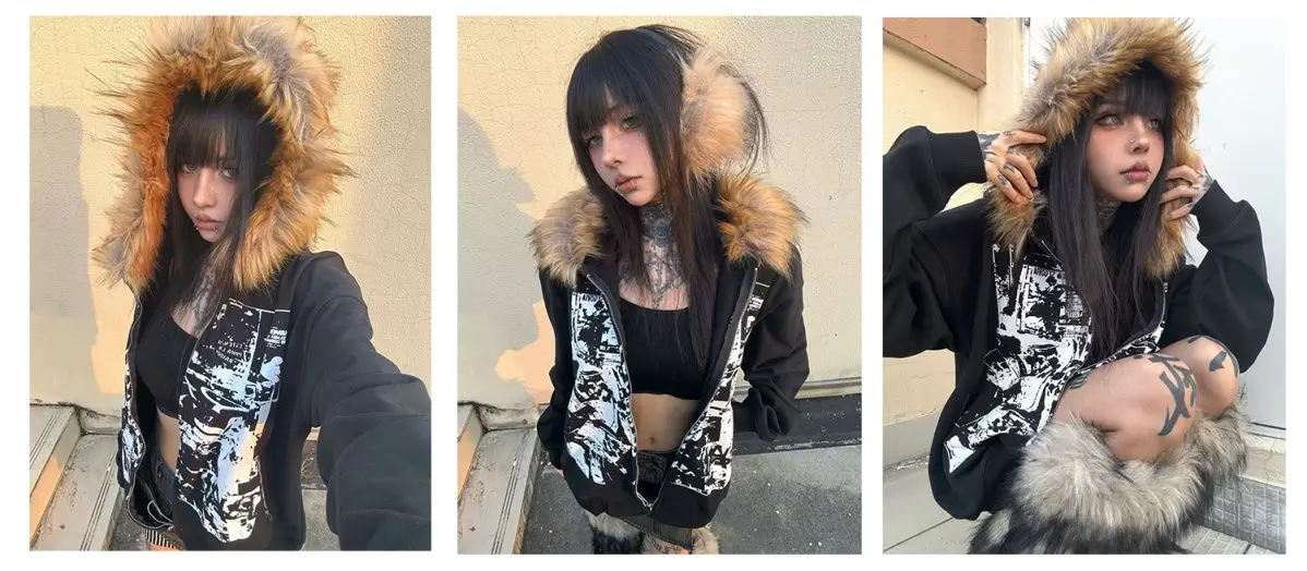 Streetwear Vintage Harajuku Gothic Print Hooded Sweatshirt Coat Aesthetic Slim Jacket Y2k Fur Patchwork Grunge Hoodies Women
