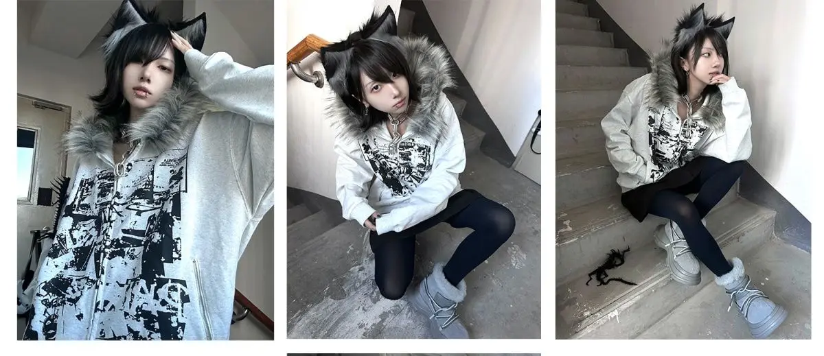 Streetwear Vintage Harajuku Gothic Print Hooded Sweatshirt Coat Aesthetic Slim Jacket Y2k Fur Patchwork Grunge Hoodies Women