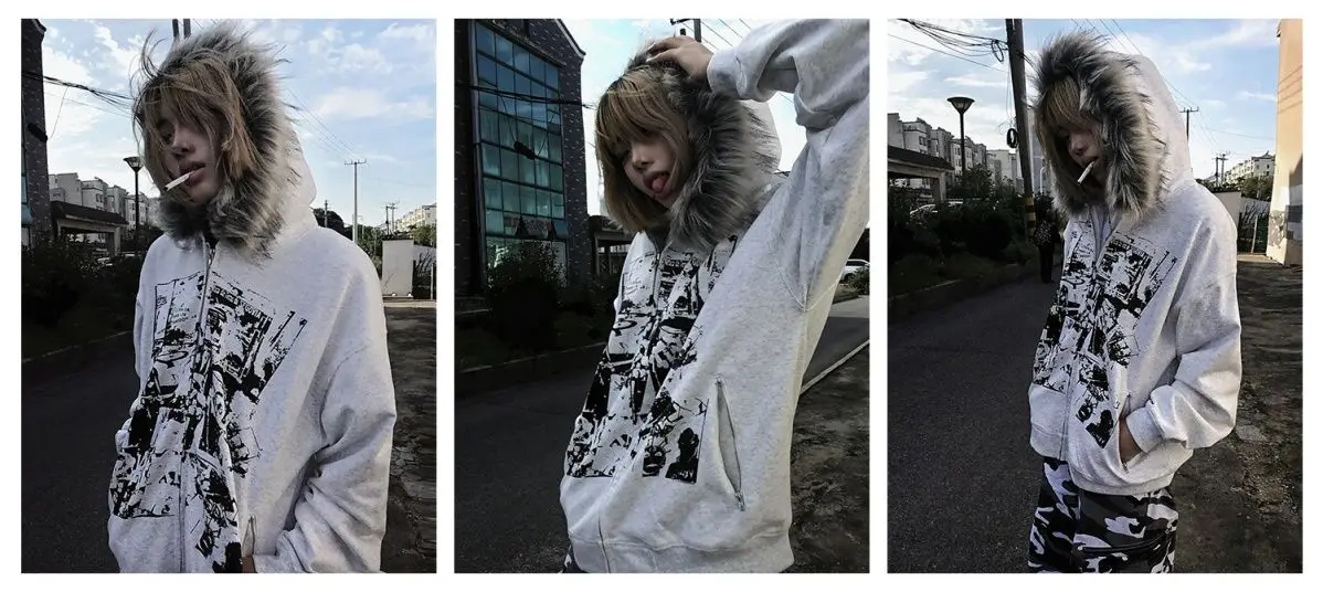 Streetwear Vintage Harajuku Gothic Print Hooded Sweatshirt Coat Aesthetic Slim Jacket Y2k Fur Patchwork Grunge Hoodies Women