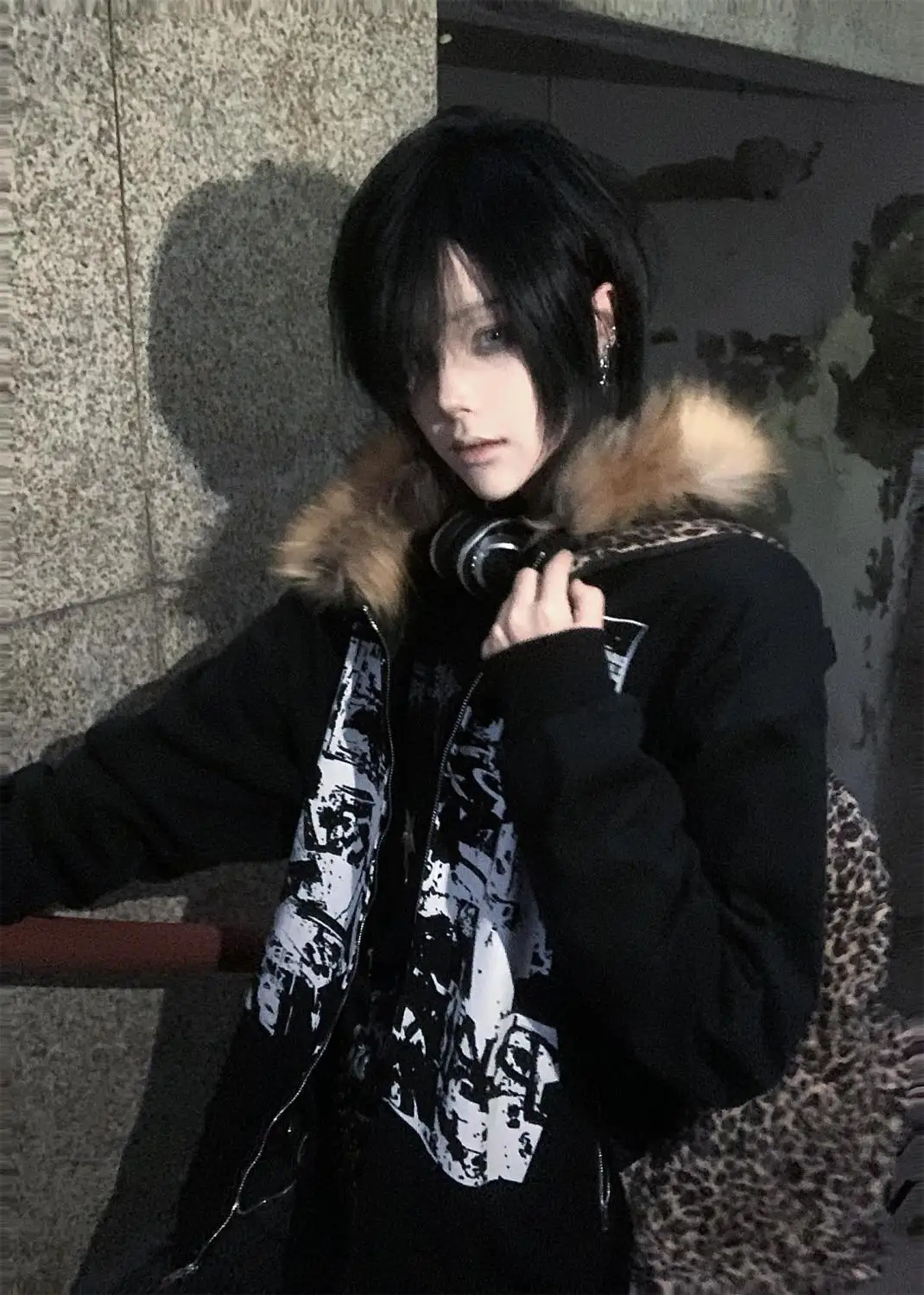 Streetwear Vintage Harajuku Gothic Print Hooded Sweatshirt Coat Aesthetic Slim Jacket Y2k Fur Patchwork Grunge Hoodies Women
