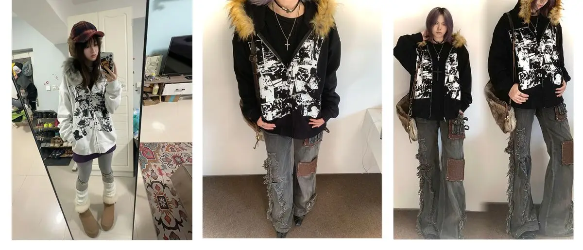Streetwear Vintage Harajuku Gothic Print Hooded Sweatshirt Coat Aesthetic Slim Jacket Y2k Fur Patchwork Grunge Hoodies Women