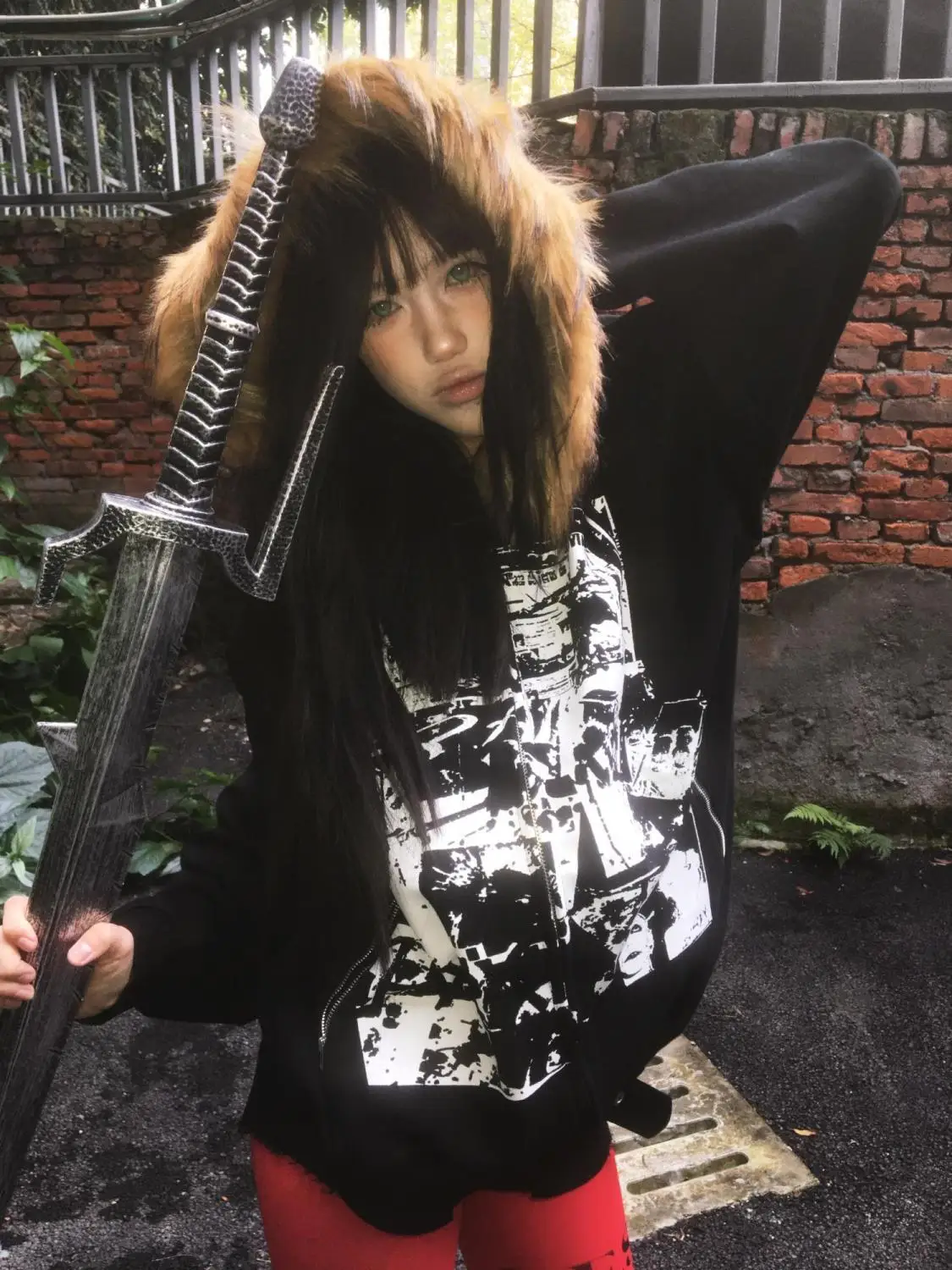 Streetwear Vintage Harajuku Gothic Print Hooded Sweatshirt Coat Aesthetic Slim Jacket Y2k Fur Patchwork Grunge Hoodies Women