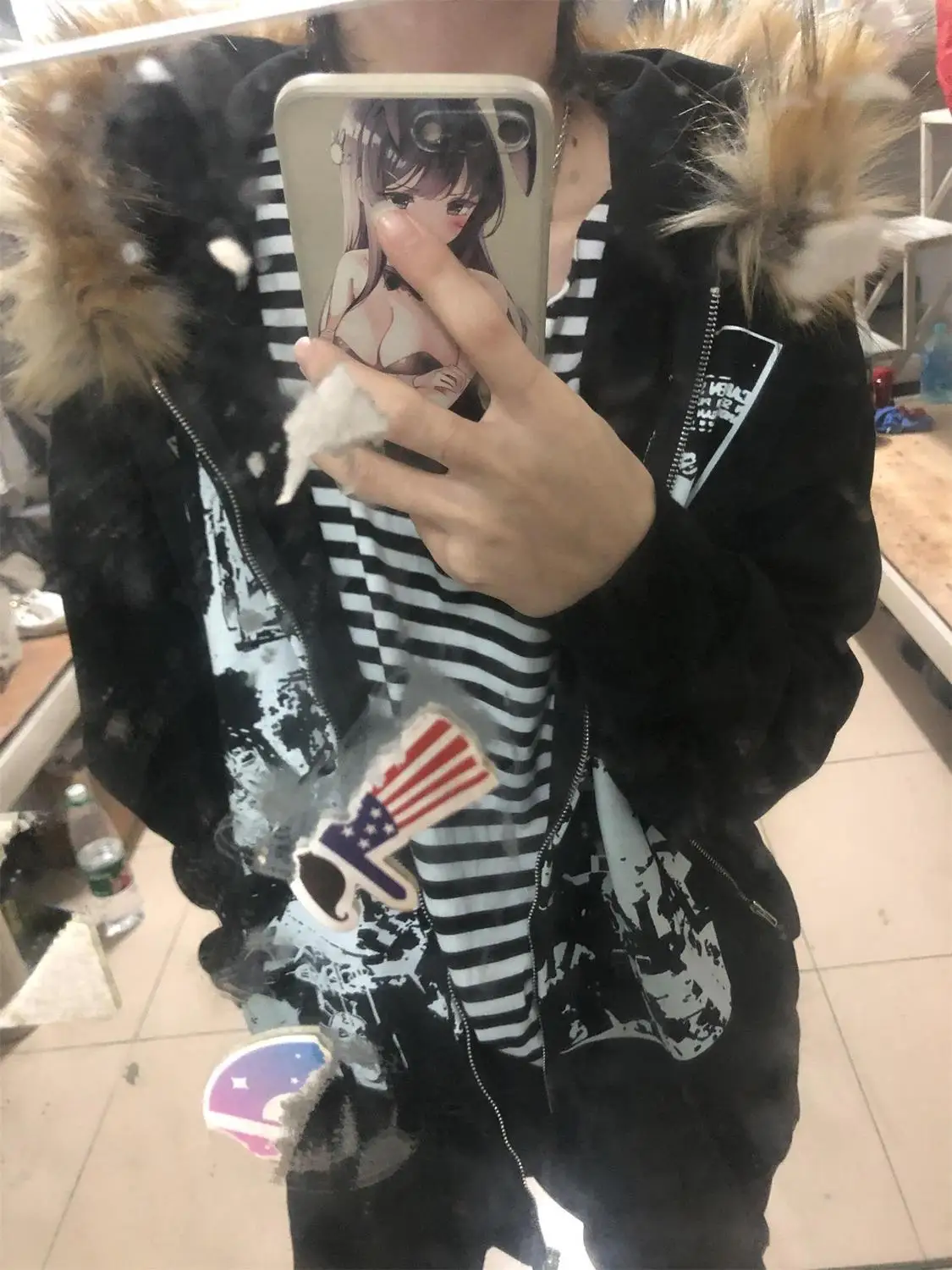 Streetwear Vintage Harajuku Gothic Print Hooded Sweatshirt Coat Aesthetic Slim Jacket Y2k Fur Patchwork Grunge Hoodies Women