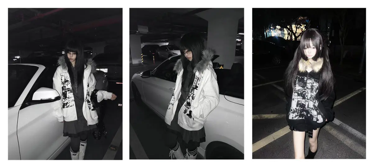 Streetwear Vintage Harajuku Gothic Print Hooded Sweatshirt Coat Aesthetic Slim Jacket Y2k Fur Patchwork Grunge Hoodies Women