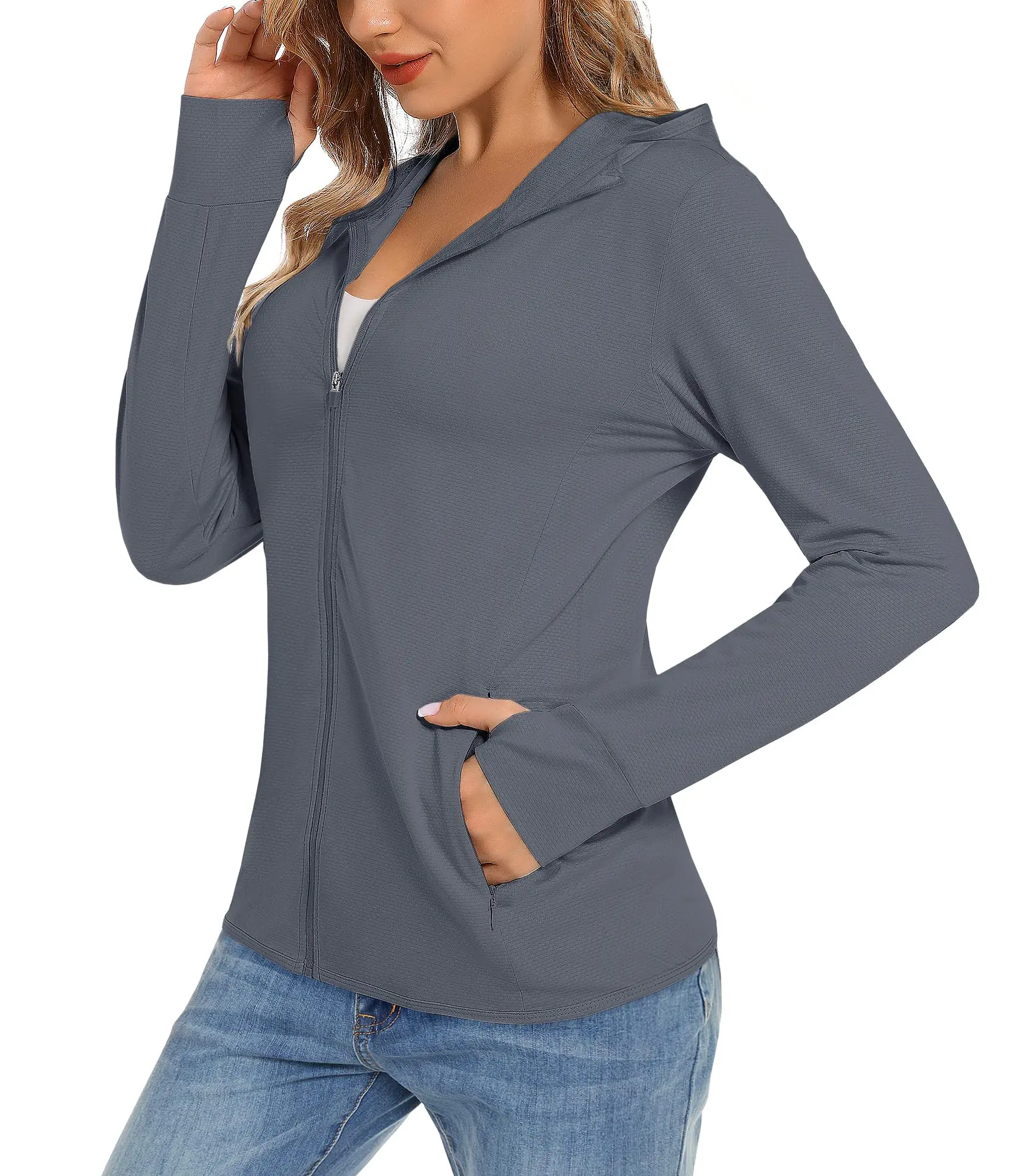 TACVASEN Summer Sun Protection Hoodies Womens Long Sleeve Casual Shirts UPF 50+ Sun Block Full Zip T-shirts With Zipper Pockets