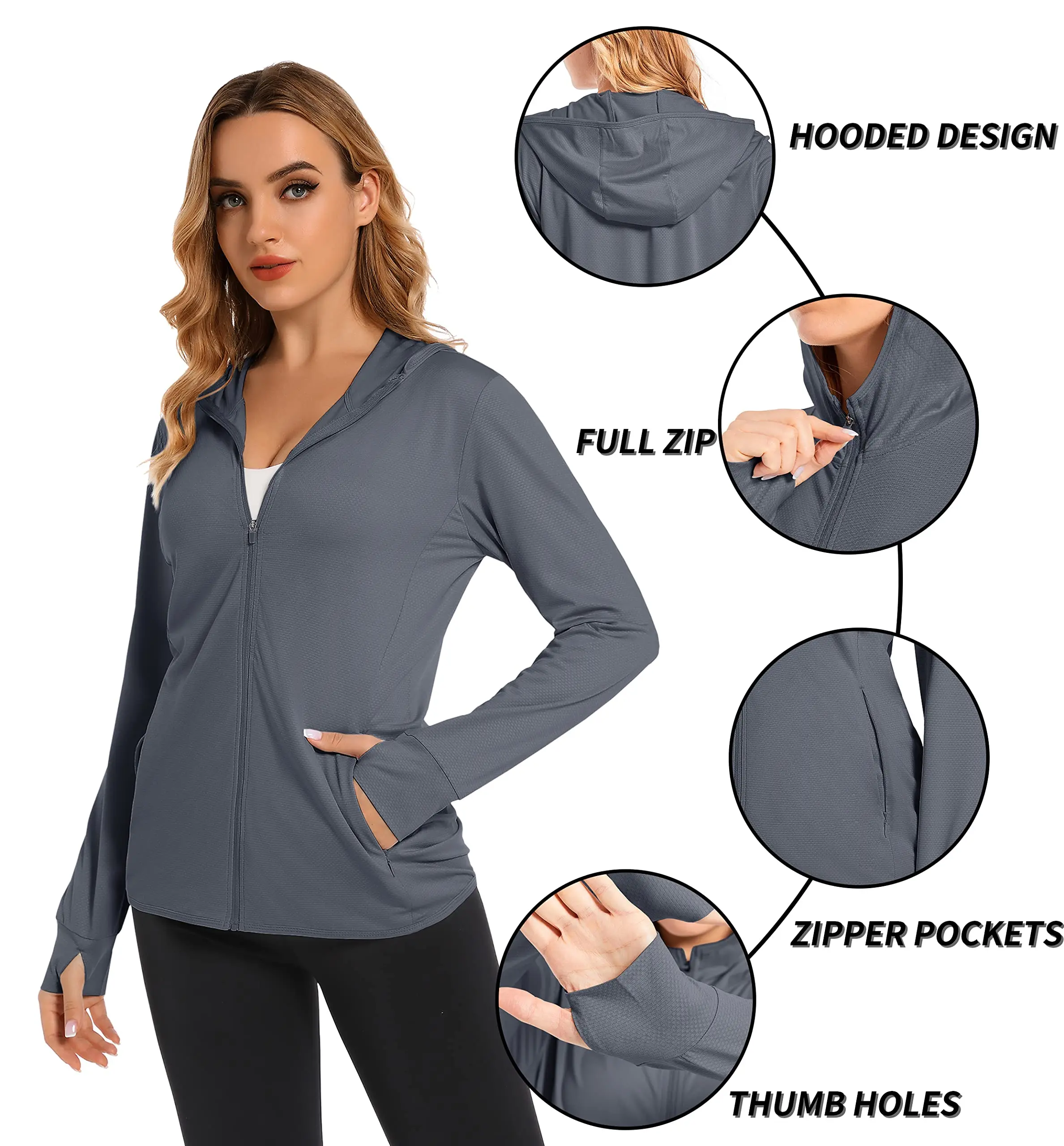 TACVASEN Summer Sun Protection Hoodies Womens Long Sleeve Casual Shirts UPF 50+ Sun Block Full Zip T-shirts With Zipper Pockets