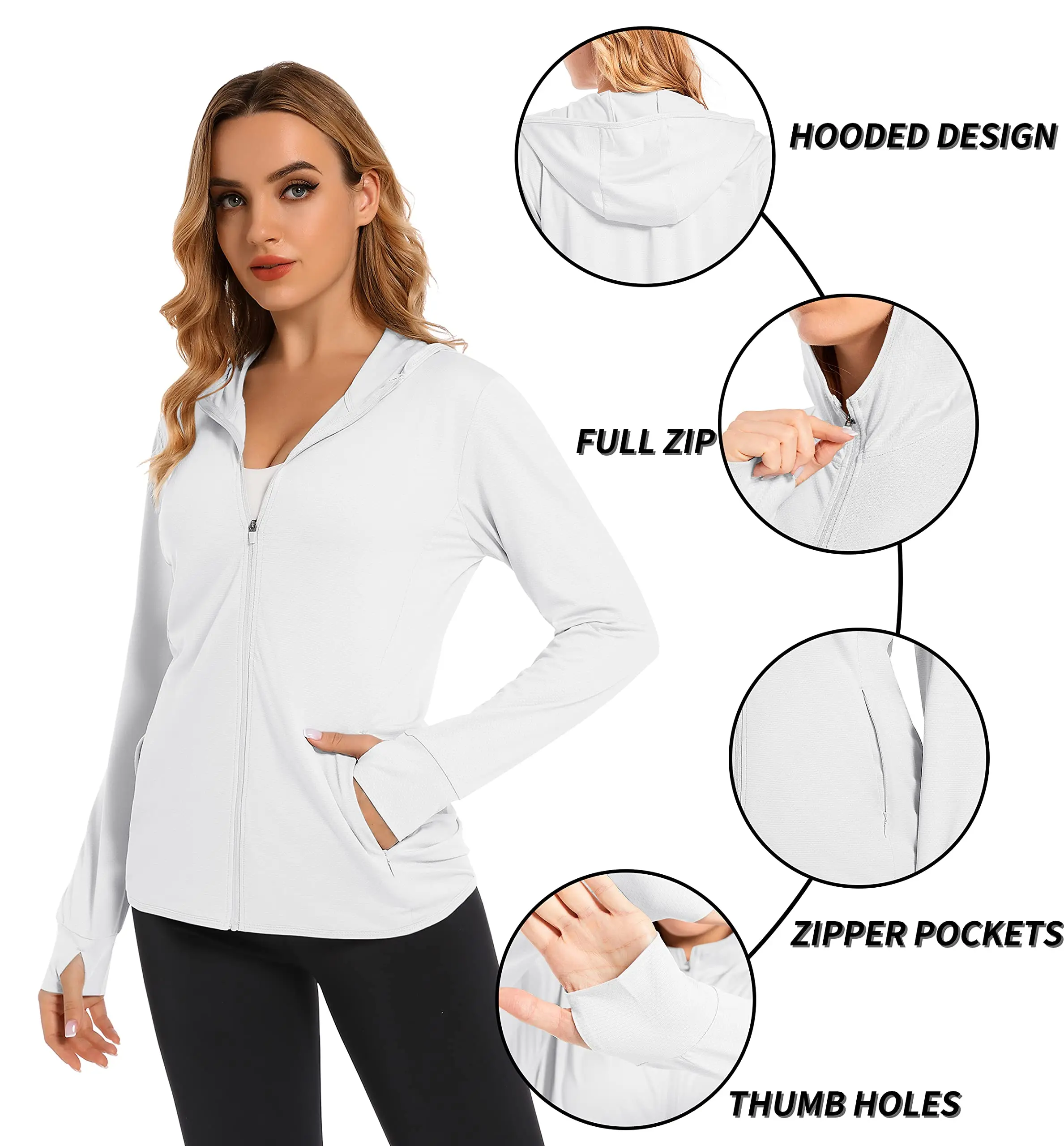 TACVASEN Summer Sun Protection Hoodies Womens Long Sleeve Casual Shirts UPF 50+ Sun Block Full Zip T-shirts With Zipper Pockets