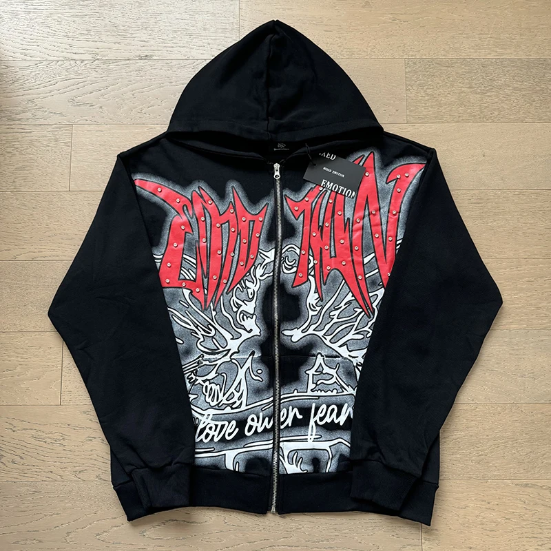 Mixed Emotion Zipper Hoodie Thin 100% Cotton Diamond Pattern Casual Streetwear Sweatshirt Mixed Emotion Jacket Pants