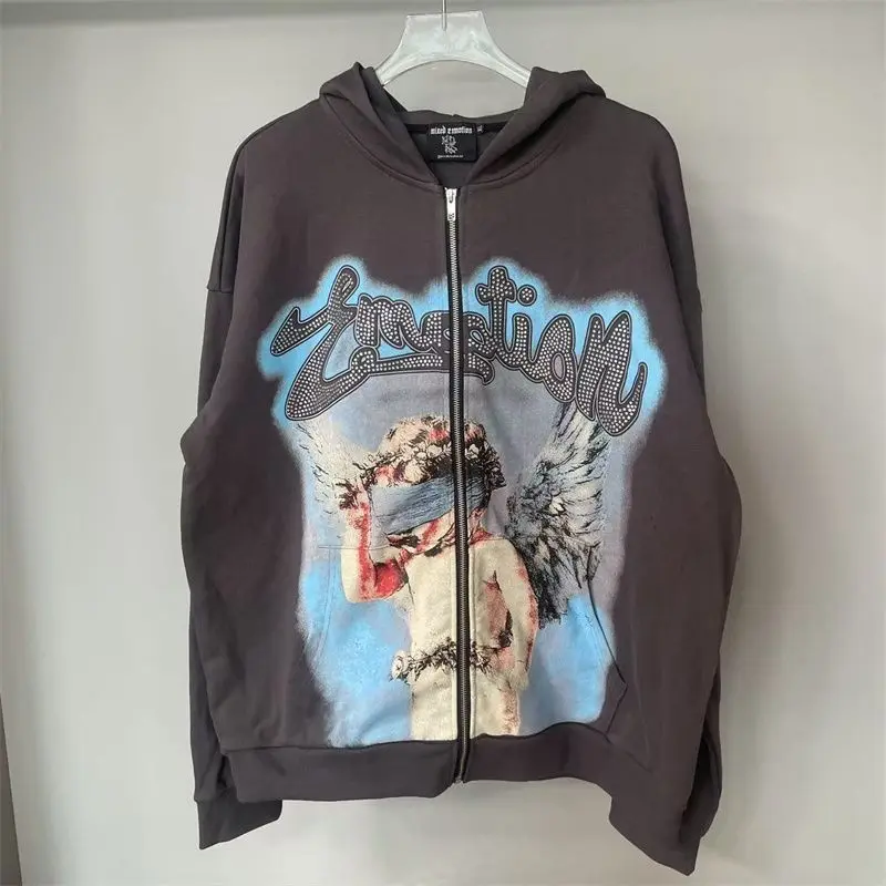 Mixed Emotion Zipper Hoodie Thin 100% Cotton Diamond Pattern Casual Streetwear Sweatshirt Mixed Emotion Jacket Pants