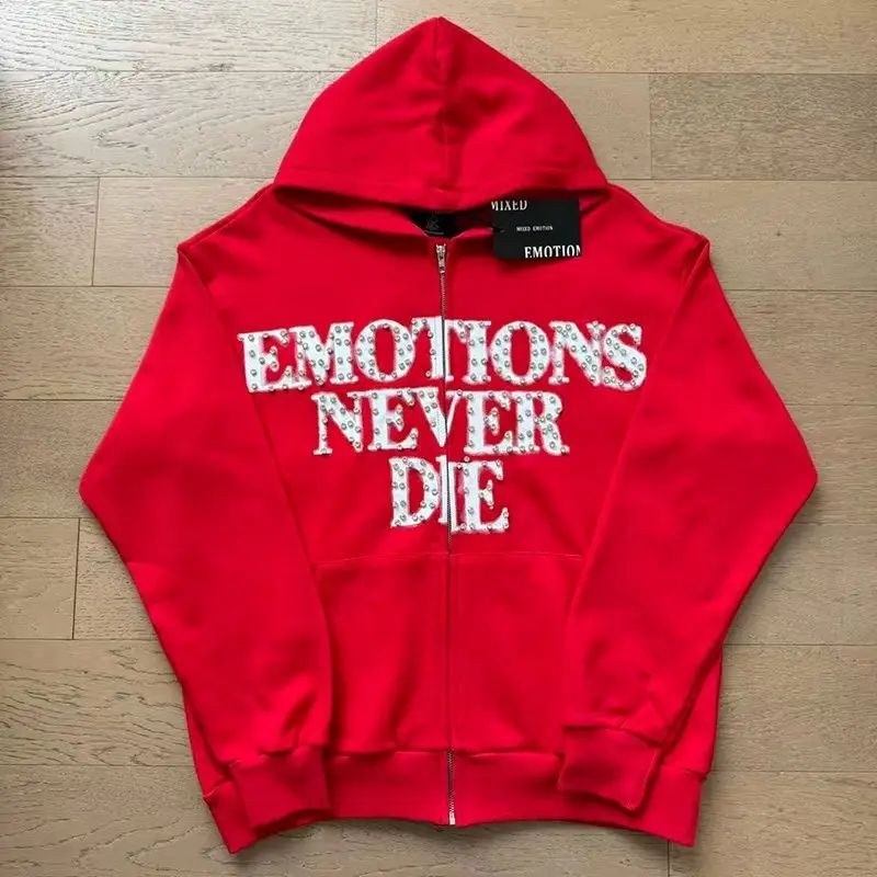Mixed Emotion Zipper Hoodie Thin 100% Cotton Diamond Pattern Casual Streetwear Sweatshirt Mixed Emotion Jacket Pants