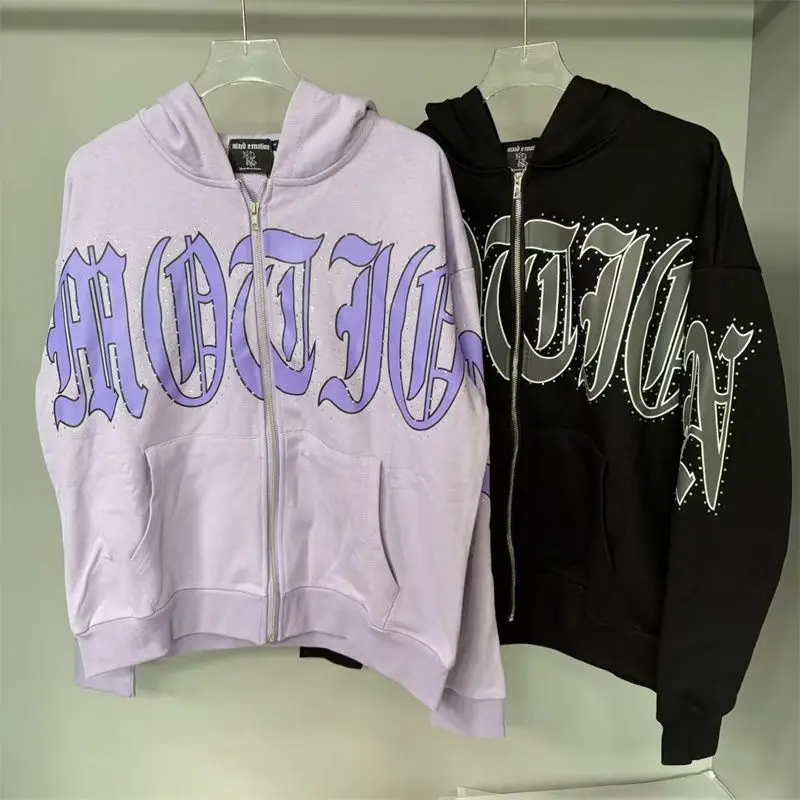 Mixed Emotion Zipper Hoodie Thin 100% Cotton Diamond Pattern Casual Streetwear Sweatshirt Mixed Emotion Jacket Pants
