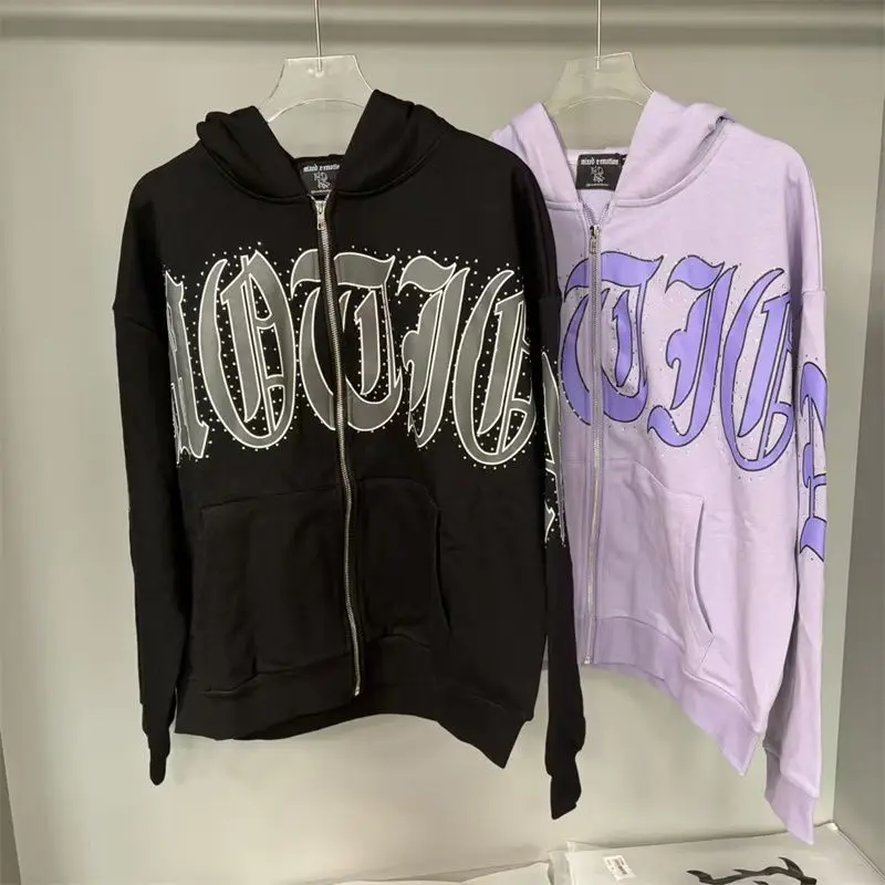 Mixed Emotion Zipper Hoodie Thin 100% Cotton Diamond Pattern Casual Streetwear Sweatshirt Mixed Emotion Jacket Pants