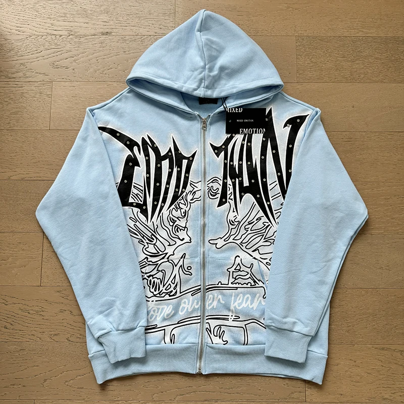 Mixed Emotion Zipper Hoodie Thin 100% Cotton Diamond Pattern Casual Streetwear Sweatshirt Mixed Emotion Jacket Pants