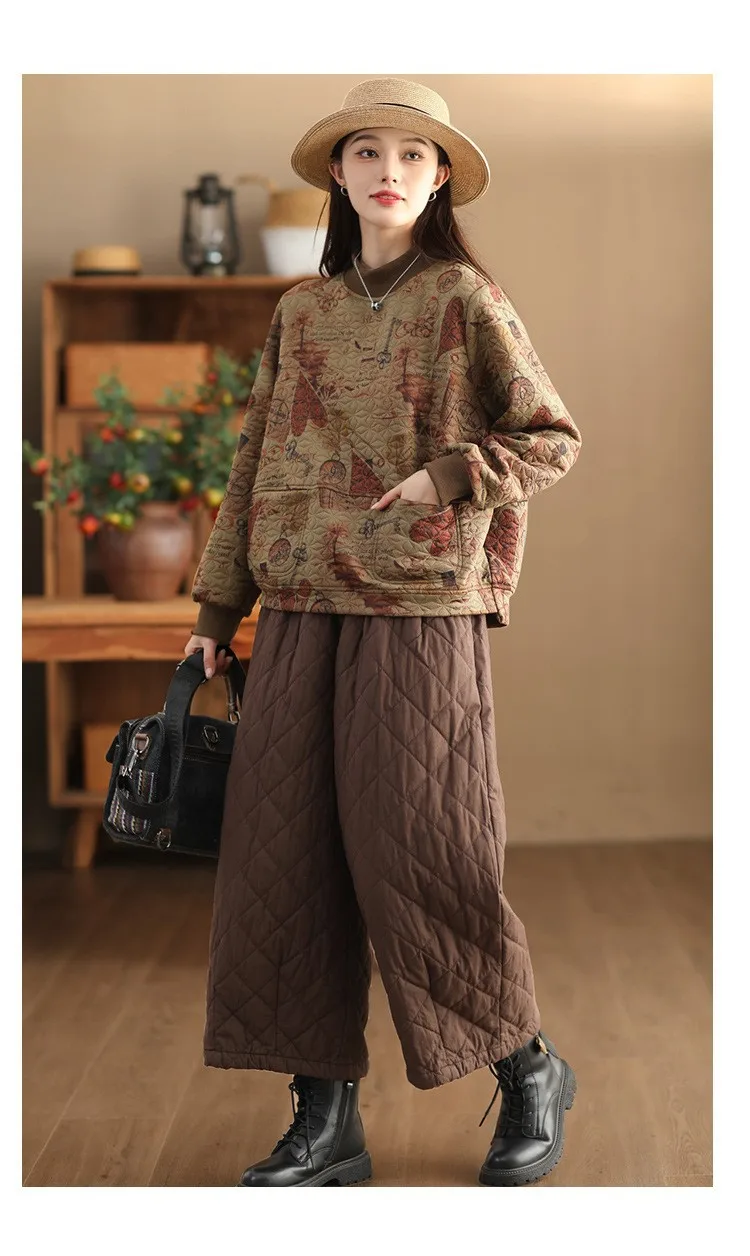 Vintage Print Cotton Linen Women Sweatshirt Fashion Patchwork Thicken Loose Pockets Literary Elegant Simple Cozy Female Pullover