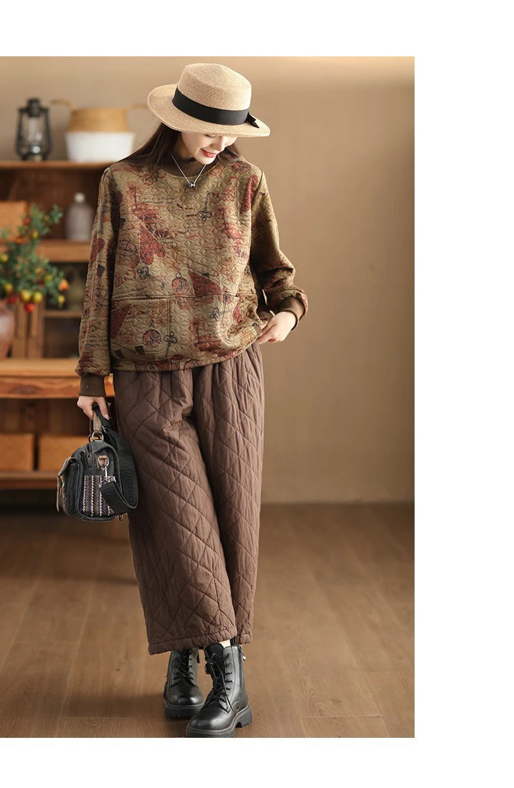 Vintage Print Cotton Linen Women Sweatshirt Fashion Patchwork Thicken Loose Pockets Literary Elegant Simple Cozy Female Pullover
